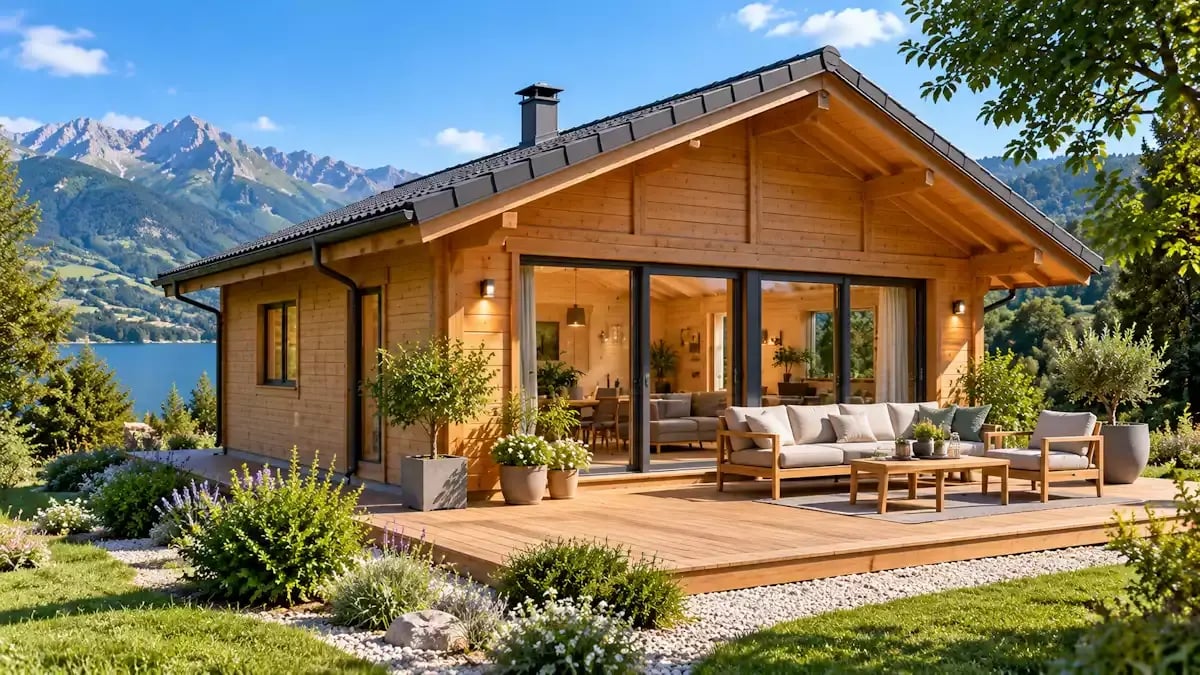 Chalet habitable en bois avec terrasse et grandes baies vitrées