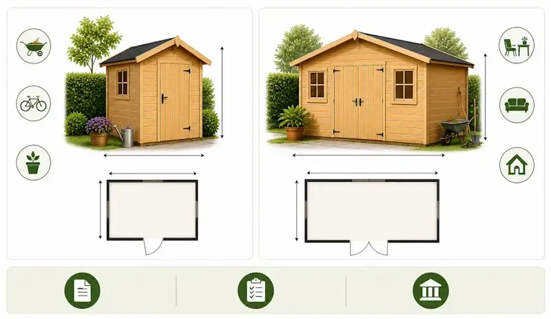 comparatif taille cabanon de jardin petit et grand avec surface et plan au sol
