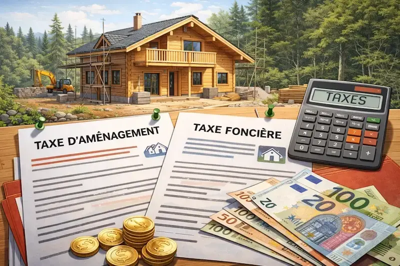 Taxes liées à la construction d’un chalet bois avec taxe d’aménagement et taxe foncière pour une maison en bois.