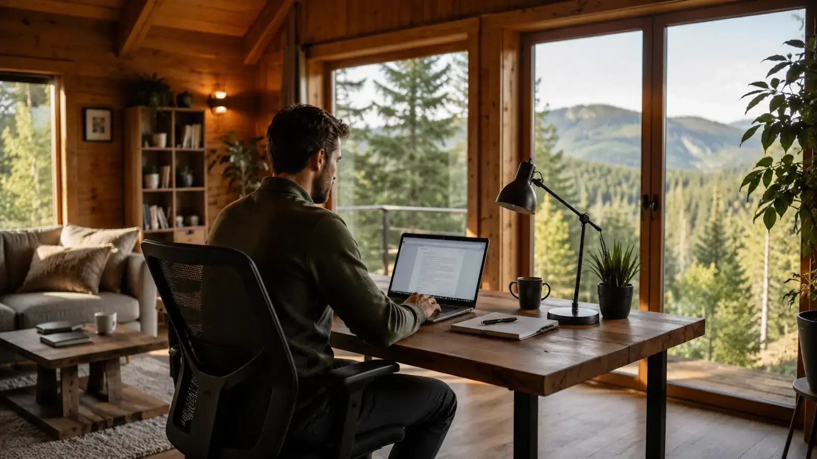 Espace de télétravail dans un chalet en bois moderne avec bureau, ordinateur portable et vue panoramique sur la nature.