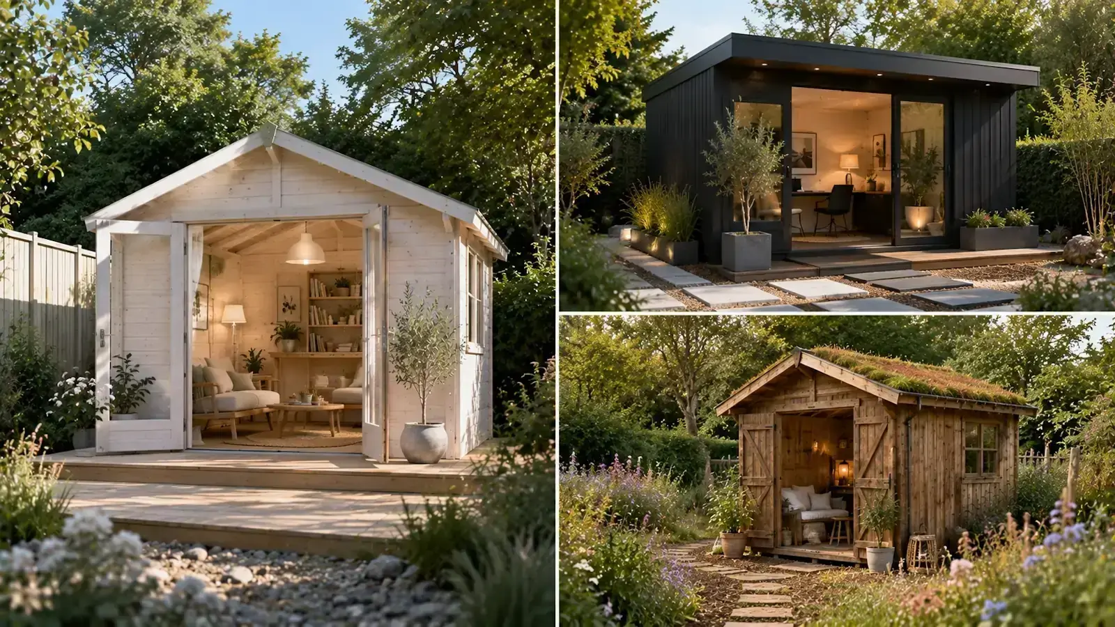 Comparatif de cabanons de jardin tendance avec styles scandinave, chalet moderne et cabane nature dans un jardin paysager.
