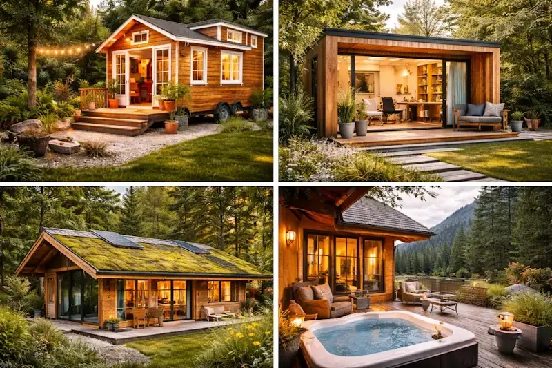 Différentes tendances de chalets en bois habitables : tiny house, bureau de jardin, chalet écologique et hébergement locatif.