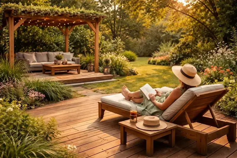 Terrasse en bois massif avec espace détente illustrant le confort thermique, visuel et naturel en extérieur