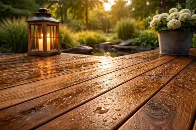 Terrasse en bois massif mouillée illustrant la durabilité, la résistance à l’humidité et aux intempéries en extérieur