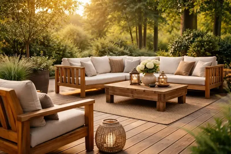 Terrasse en bois massif avec mobilier de jardin créant une ambiance naturelle et chaleureuse en extérieur