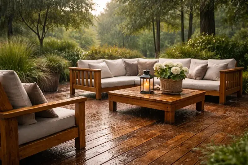 Terrasse en bois massif sous la pluie illustrant la résistance aux intempéries et aux conditions extérieures