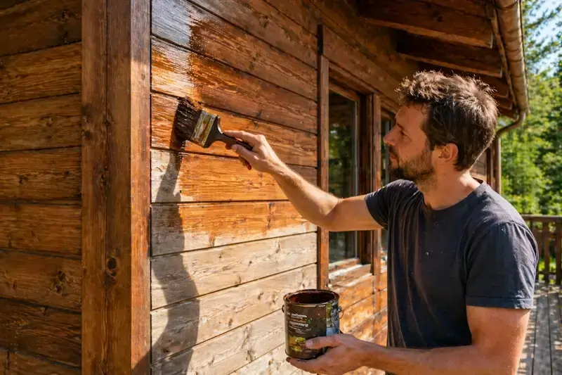 Application de traitement bois extérieur sur un chalet avec pinceau pour protéger et nourrir le bois face aux intempéries