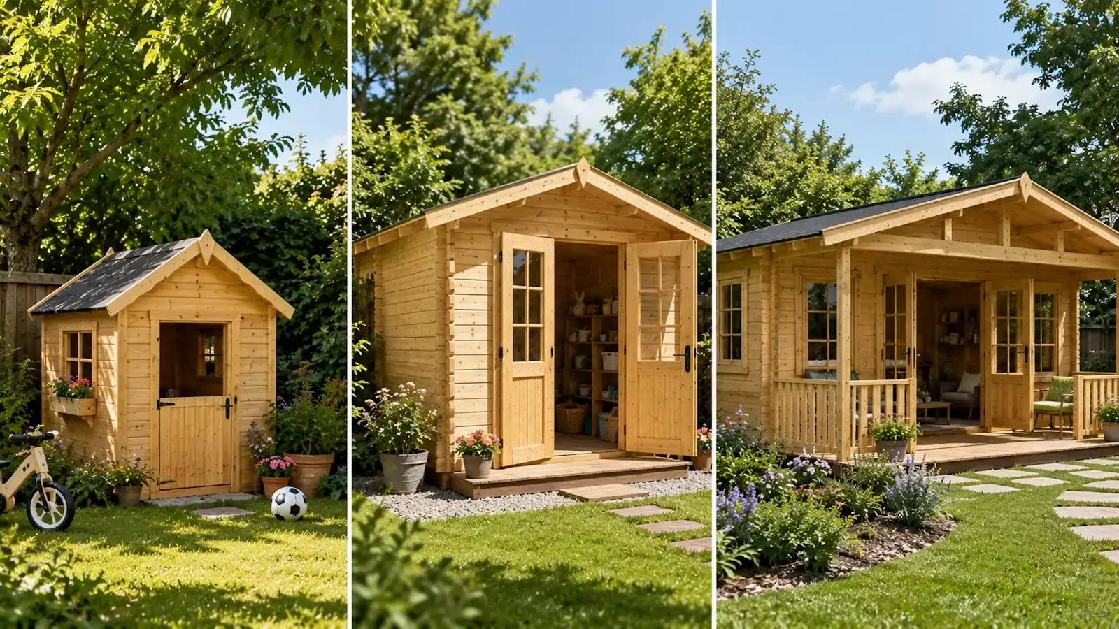Différents modèles de cabanons en bois pour enfants et chalet de jardin familial dans un extérieur aménagé