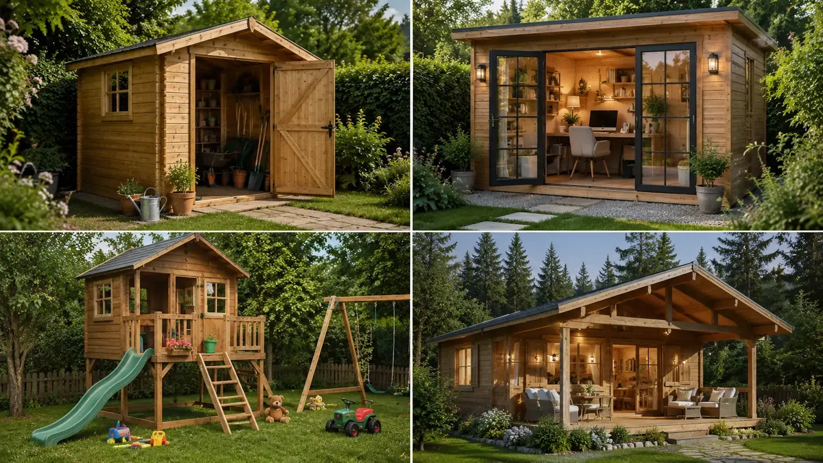 Différents types de cabanons en bois dans un jardin : rangement, bureau extérieur, cabane enfant et chalet habitable