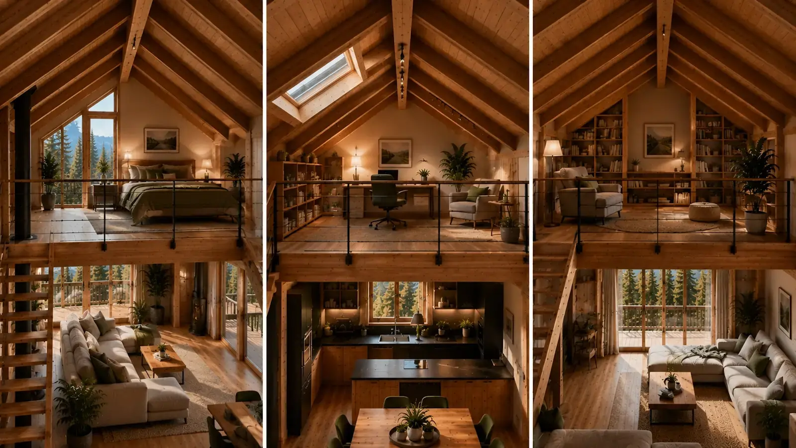 Mezzanine de chalet bois aménagée en chambre, bureau et espace lecture sous charpente apparente et lumière naturelle.