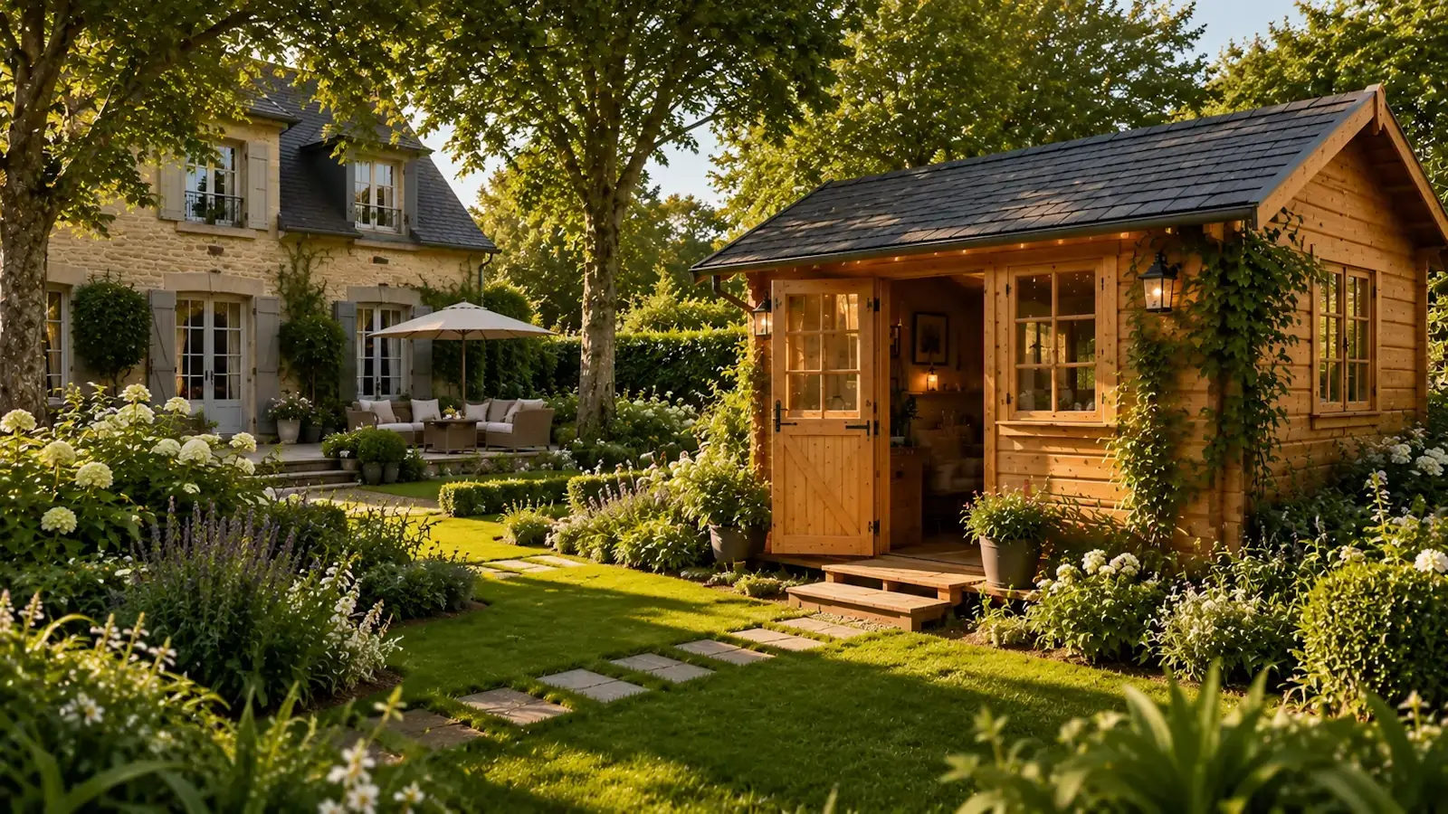 Cabanon en bois dans un jardin haut de gamme avec aménagement paysager valorisant la propriété