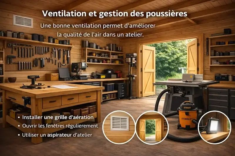 Ventilation et aspiration des poussieres dans un atelier de bricolage en garage bois