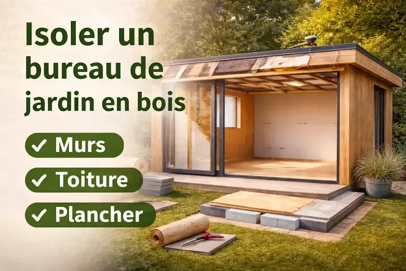 Vignette illustrant l’isolation d’un bureau de jardin en bois avec focus sur murs, toiture et plancher pour une performance thermique optimale