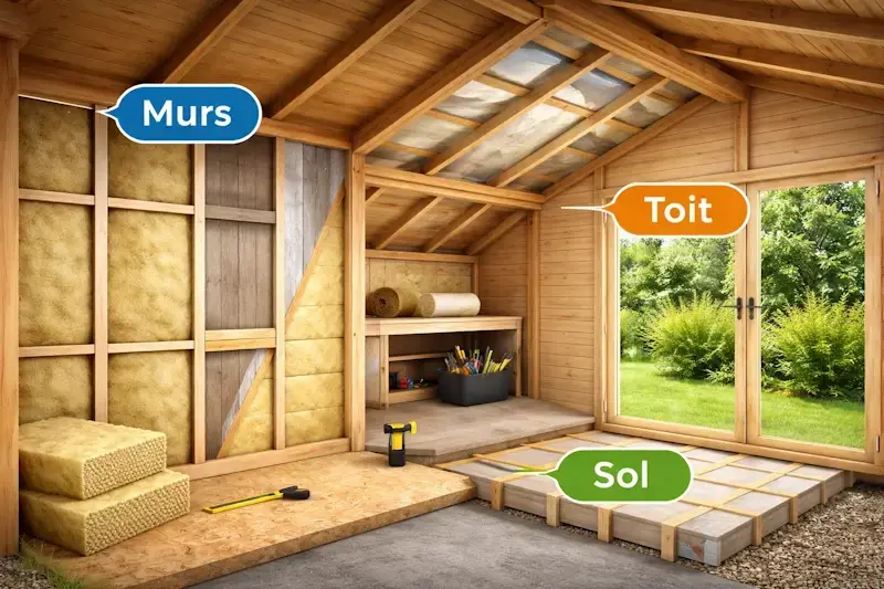Isolation d’un abri de jardin avec zones clés murs, toiture et sol pour améliorer la performance thermique