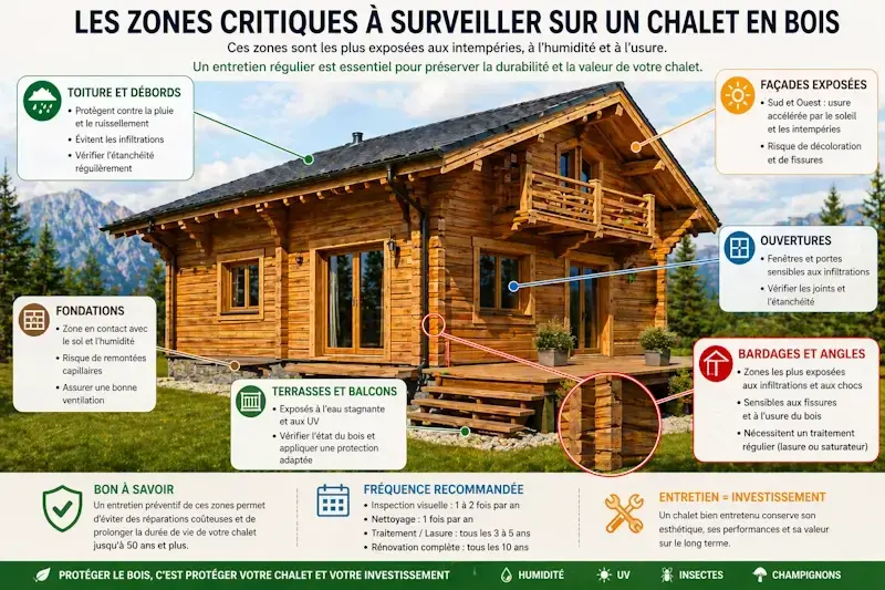 Schéma des zones critiques d’un chalet en bois : toiture, façades, fondations, ouvertures et angles de bardage à surveiller pour l’entretien
